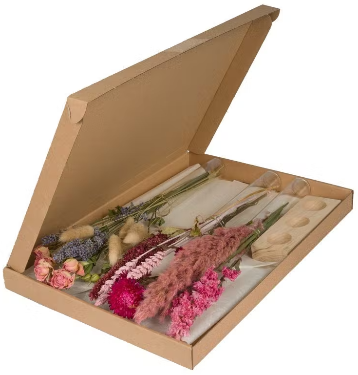 Droogbloemen in brievenbusdoos met vazen – roze